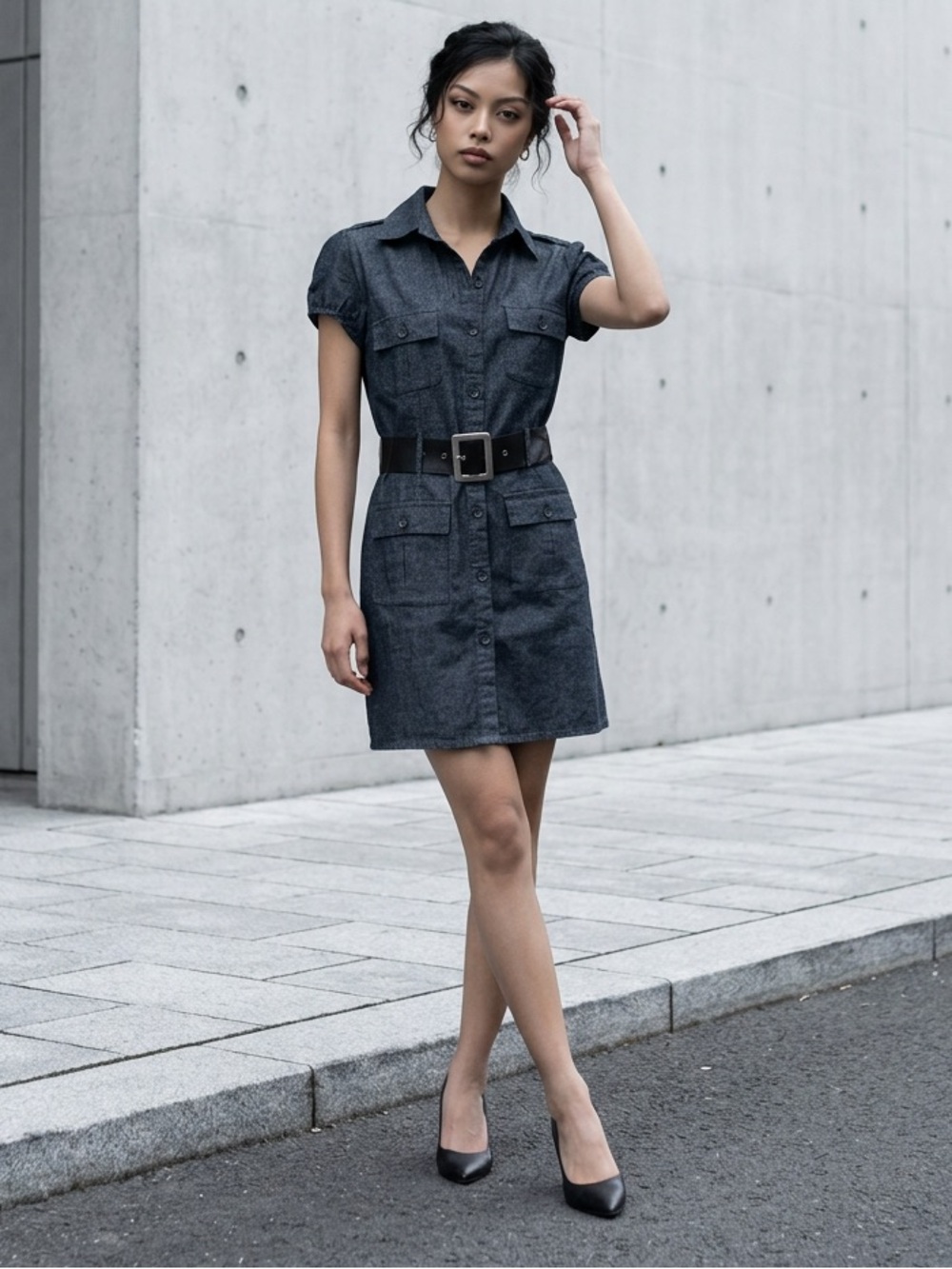She's Cool Dark Blue Denim Shirt Dress with Black Belt sz L